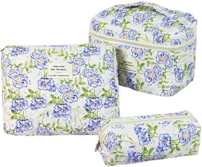 Set van 3 Make-up Tasjes Gewatteerd Bloemen Katoen – Grote Capaciteit Esthetische Cosmetische Tas & Toilettas voor Vrouwen – Reistas Organizer met Ritssluiting -Grote groene bloem, 3-delige set [groot + middel + klein]
