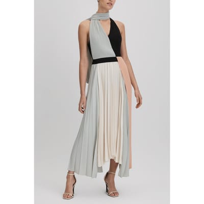 Reiss Colour Block Pleated Midi Dress Pink/cream Size: 14 | Midi Dresses Outlet | Dames | Zwart