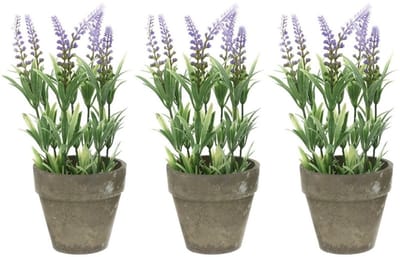 Bellatio Lavendel kunstplant - 3x - lila - 25 cm - in betonlook potje - Kunstplanten - nepplanten