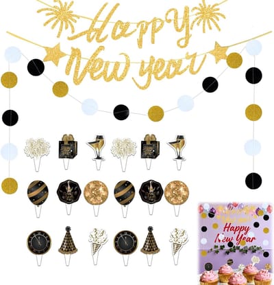 Nieuwjaar Decoratie Set - Feestversiering 2026 - Oudejaarsavond Vieren - Uitgebreide Set - 10x10x1 cm - Goud