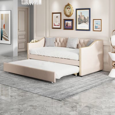 Sofa tapicerowana z funkcją spania 90-180x200 cm, sofa rozkładana, łóżko pojedyncze, łóżko gościnne, łóżko tapicerowane, łóżko młodzieżowe, do salonu, tkanina lniana (bez materaca)
