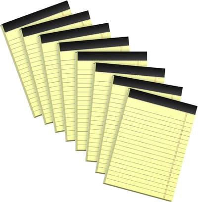 Gele juridische pads, notitieblokken, 10 x 15,5 cm, 8 stuks, 30 vellen/pad, smal gelinieerd, klein notitieblok, geel papier, microgeperforeerde memoblokken, gevoerde schrijfblokken van papier, mini