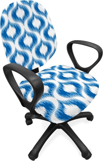 ABAKUHAUS Ikat bureaustoel overtrek, abstract vintage ogee, rekstof decoratieve beschermhoes, blauw-wit