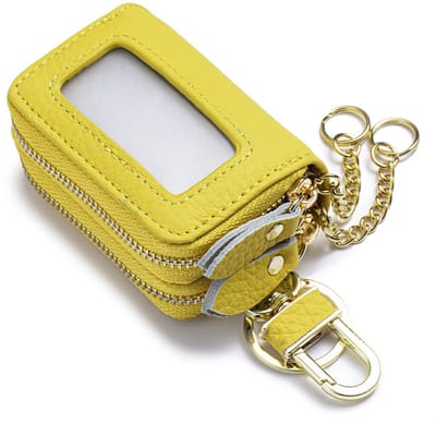 Echt lederen sleuteletui met dubbele ritssluiting - Heuptasje van hoogwaardig rundleer - Unisex - Sleutelhouder - Draagbaar -Autosleutel leren etui - autosleutel unisex leren etui met transparante rits en venster -Citroengeel