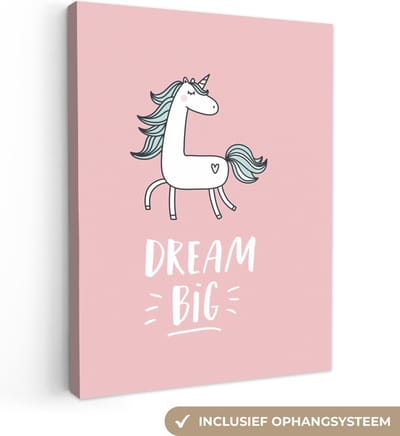 Kinderkamer decoratie - Schilderij voor kinderen - Dream big - Eenhoorn - Roze - Quotes - Tekst - Muurdecoratie kinderkamer - Canvas kind - 30x40 cm