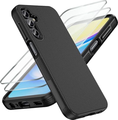 Casemania Hoesje & Glas Geschikt voor Samsung Galaxy A16 - Zwart - Anti Slip Matte Armor Back Cover - 2x Glazen Screenprotector