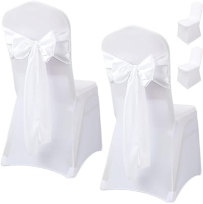 2 stuks stoelhoezen wit, universele stoelhoezen bruiloft met 2 witte strikken, wasbaar, afneembaar, stretch stoelstrikken, hoezen voor stoelen, stoelhoezen voor hotel, banket, feest en restaurant