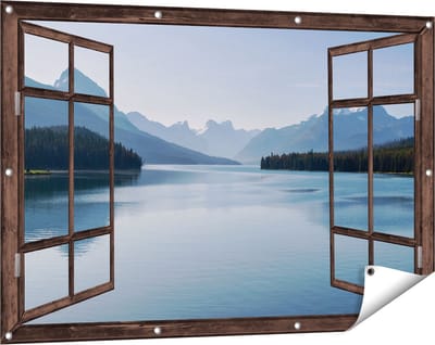Gards Tuinposter Doorkijk Meer bij de Bergen in Alberta, Canada - 120x80 cm - Tuindoek - Tuindecoratie - Wanddecoratie buiten - Tuinschilderij