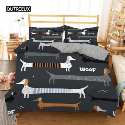 Teckel Beddengoedset, Schattig Kleurrijk Puppy Dekbedovertrek, Cartoon Polyester Dekbedovertrek, Huisdier Hond Home Textiel King Queen EU single(135x200cm) gray