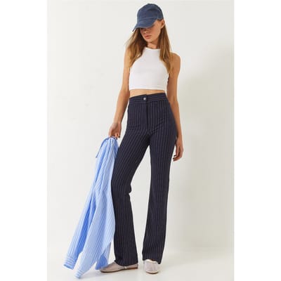 Hoge Taille Gestreepte Flared Broek met Strik