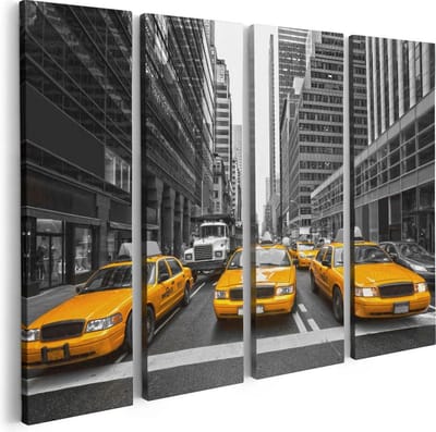 Artaza Canvas Schilderij Vierluik New York Gele Taxi's - Zwart Wit - 80x60 - Foto Op Canvas - Canvas Print