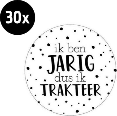 30x Sluitsticker Ik ben jarig dus ik trakteer | Wit | Zwarte stippen | 40 mm | Sluitzegel Feest | Sluitsticker | Chique inpakken | Traktatie - Verjaardag - Feest - Kinderfeest - Kinderverjaardag