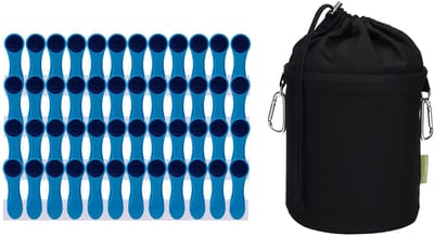 Wasknijpers set blauw met canvas wasknijperzak zwart, robuuste katoenen tas met karabijnhaak en trekkoord, wasbaar
