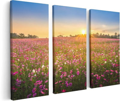 Artaza Canvas Schilderij Drieluik Bloemenveld Met Roze Kosmos  - 120x80 - Foto Op Canvas - Canvas Print