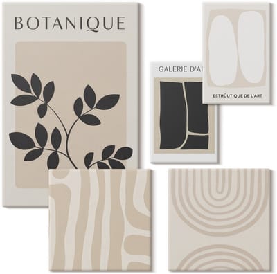 Wallfluent Set van canvas schilderijen - Stijlvolle graphics in natuurtinten met plantenmotieven Canvas Schilderijen Set - Set van 5 Canvas Schilderijen - Beige Set van Canvas Prints - Abstractie Canvas Kunst Set - Boheemse Canvas Kunst Set