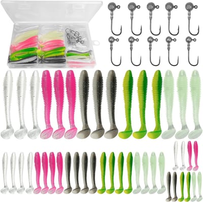 Dailygoods- Visaas 45 Stuks - Zacht Aas - Driehoekige Jigkoppen - 5,5/6,5/7,5 cm - Duurzaam Rubber - Kunststof Doos met 5 Kleuren - Kunstaas