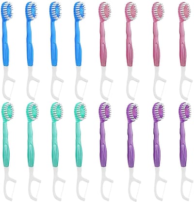 Dailygoods- Wegwerp-tandenborstels 16 stuks - 5-in-1 mini-tandenborstel - Floss/tongreiniger/tandenstoker - Multifunctioneel - Smaken: kersen/perzik/groene thee/munt - Direct klaar voor gebruik