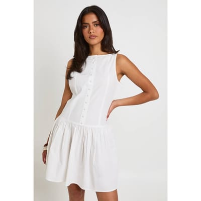 boohoo Dames Katoenen Popeline Mini-jurk Met Knoopsluiting En Boothals | Wit | Maat: 36
