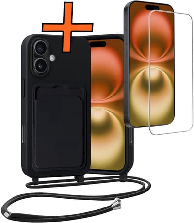 Hoesje Geschikt voor iPhone 16 Plus Hoesje Met Telefoonketting Pasjeshouder Case Met Screenprotector Koord - Hoesje Geschikt voor iPhone 16 Plus Hoes Met Kaarthouder - Zwart