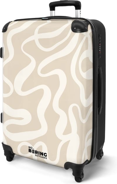 NoBoringSuitcases.com® - Koffer groot - Rolkoffer lichtgewicht - Beige met witte abstracte lijnen - Reiskoffer met 4 wielen - Valies grote trolley XL op wieltjes - Harde reistrolley met TSA slot - 20 kg bagage - Reizen