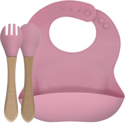 green-goose® Baby Slabbetje en Bestek | Roze | Duurzaam Bamboe en Siliconen | Eco Kraamcadeau