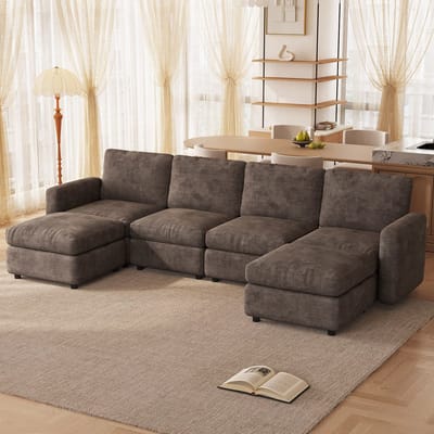 Guyii bank – Modulaire Hoekbank met Opbergruimte – Koffiekleurig Fluweel – Comfortabele 6-Zits bank met Voetensteun – Totale breedte sofa 297 cm