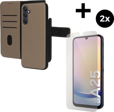 Mobiparts Leather 2 in 1 Wallet Case hoesje geschikt voor Samsung Galaxy A25 met 2 Screenprotectors van Gehard Glas - Beige