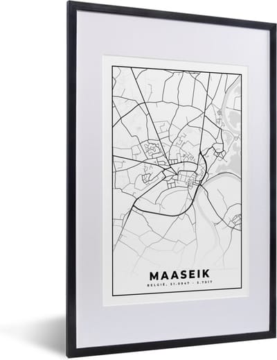 Fotolijst incl. Poster Zwart Wit- Stadskaart – Zwart Wit - Kaart – Maaseik – België – Plattegrond - 40x60 cm - Posterlijst