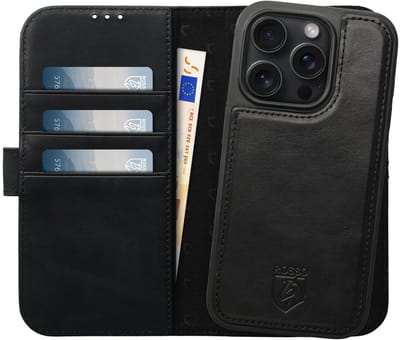 Rosso Elite Hoesje Geschikt voor Apple iPhone 15 Pro | Compatibel met MagSafe | Book Case en Back Cover | Magnetisch Uitneembaar | Echt Leer Beschermhoes met Pasjeshouder | Zwart