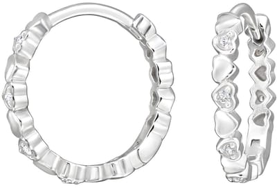 Joy|S - Zilveren oorringen met hartjes - 14 mm / 2 mm - zirkonia setting - klap scharnier sluiting - sterling zilver 925 - hartje oorbellen - t05