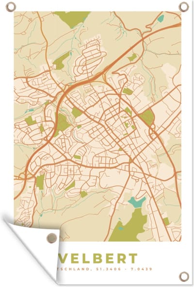 Muurdecoratie Velbert - Plattegrond - Kaart - Stadskaart - Vintage - 120x180 cm - Tuinposter - Tuindoek