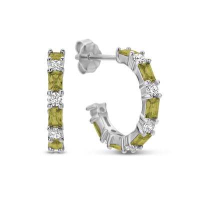 New Bling 9NB-1033 Zilveren Halve Oorringen met zirkonia 15 mm - 2 mm Breed - Olijf Groen - Pouchette - Rhodium - Zilver
