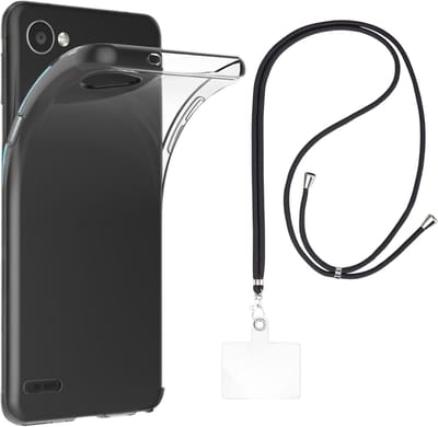 Set met hoesje en nekband voor lg q6 - Flexibele, transparante TPU-bescherming, verstelbare universele nekband voor mobiele telefoons, zwarte nekband, transparante draagriem van Phonillico®