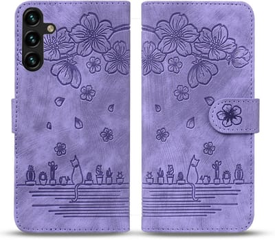Boek-Cover Hoes Etui geschikt voor Samsung Galaxy S24 - S25 - Paars - Bloemen Kat - Reliëf