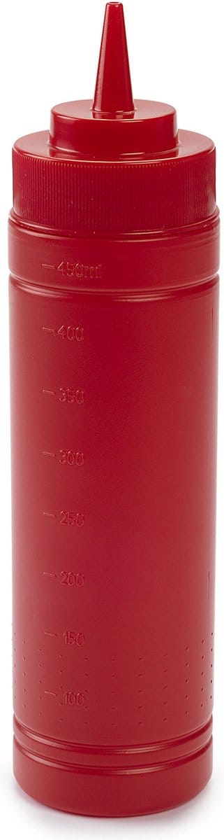 Plasticforte Doseerfles/sausfles rood - kunststof - met schenktuit - 500 ml - 25 x 6 Plasticforte - Pannenkoeken/poffertjes