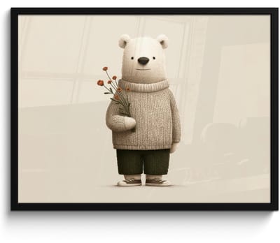 Poster in lijst - Fotolijst 70x50 cm - Posters - Knuffelbeer - Oranje bloemen - Vriendelijk - Posterlijst zwart - Decoratie - Wanddecoratie woonkamer - Muurdecoratie slaapkamer