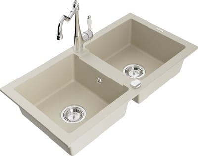 Mexen Mario granieten gootsteen 2-kamer met keukenmengkraan Carla, beige - 6504-69-670700-00