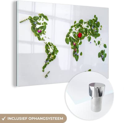 MuchoWow® Glasschilderij 120x80 cm - Schilderij acrylglas - Wereldkaart - Bloemen - Kleuren - Foto op glas - Schilderijen