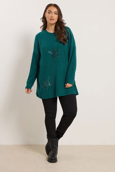 Yours Teal Green Sequin Versierde Sterrentrui Size 42
