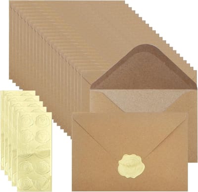 Set van 50 Vintage Bruine Enveloppen DIN C6 (162 x 114 mm) zonder Venster met Seal Stickers voor Kerst, Verjaardagen en Cadeaubonnen