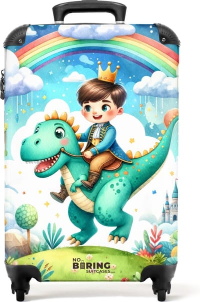 NoBoringSuitcases.com® - Kinderkoffer jongen - Kindertrolley jongens - Dino en de prins - Handbagage koffer lichtgewicht - Reiskoffer trolley kinderen - Rolkoffer met wieltjes - Past binnen 55x40x20 en 55x35x25