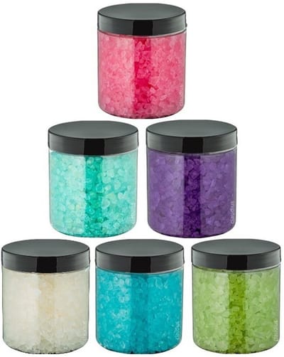 Badzout - 300 gram - set van 6 verschillende geuren - Zwarte Deksel - Relaxing Moment, Opium, Eucalyptus, Hamam, Lavendel en Rozen