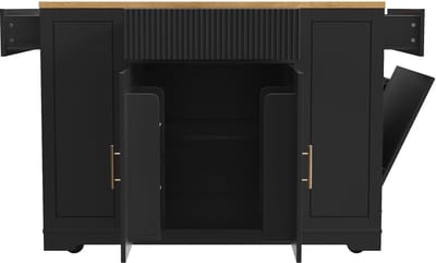 Keukeneiland, Keukenkast, Buffetkast, 120 x 50 x 92 cm, Serveerwagen, Mobiel keukeneiland, Keukenkarretje met wielen, Met afvalbakvak, Verstelbare planken, Twee deuren en drie lades- zwart
