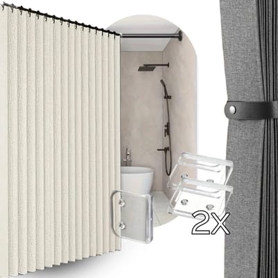 Vouw Douchegordijn 180x200 + 2x Transparante Clips | Beige | Stof | Water- & Schimmelbestendig | Anti-Plak | Modern & Strak Douche Gordijn | Bundel