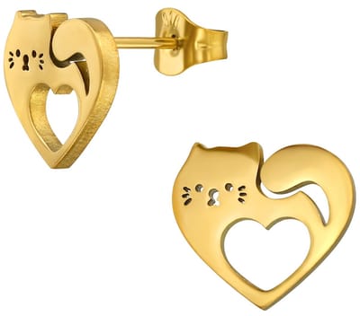 CS Joy - kat poes oorbellen - Chirurgisch staal - hartje oorknoppen in vorm van een katje - 11.5 x 10.5 mm - ip/pvd gold plated