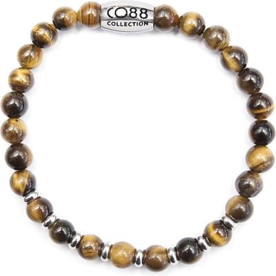 CO88 Collection Elemental 8CB 90026 Rekarmband met Stalen Element - Tijgeroog Natuursteen 6 mm - Maat L - Bruin