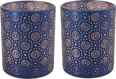 Countryfield Luxe theelichthouder - 2x stuks - Fantasy - glas - nachtblauw/goud - D8 x H10 cm