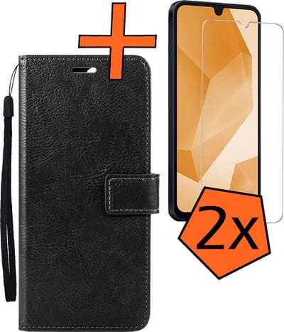 Hoes - Met 2x Screenprotector - Geschikt voor Samsung Galaxy A16 - Luxe Pasjeshouder - Bookcase Portemonee - Flip Case - Kunstleer Book Case - Flipcase Hoes - Book Cover - Walletcase - PortemonneeHoes - Zwart