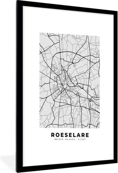 Fotolijst incl. Poster Zwart Wit- Stadskaart – Plattegrond – België – Zwart Wit – Roeselare – Kaart - 60x90 cm - Posterlijst