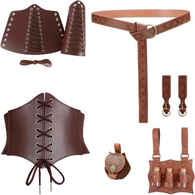 8 Stuks Renaissance Riem Pouch Portemonnee Viking Bracer Rok Wandelen Kurk Potion Fles Lace-up Corset Elastische Taille Riem Halloween Set voor Middeleeuws Festival Kostuum en Cosplay Accessoires